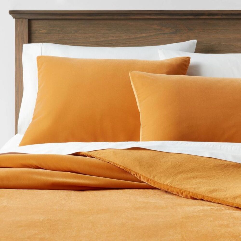 Full/Queen Lustrous Velvet Bedding Duvet Cover & Sham Set - Dark Gold